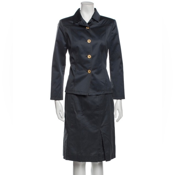 Oscar de la Renta Tailored Cotton Silk 2 piece Skirt Suit Size 6 in Steel Blue - Picture 1 of 14
